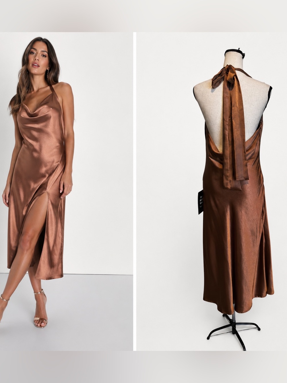 Lulus Sophisticated Impression Brown Satin Backless Cowl Midi Dress NWT –Size M - Picture 1 of 12